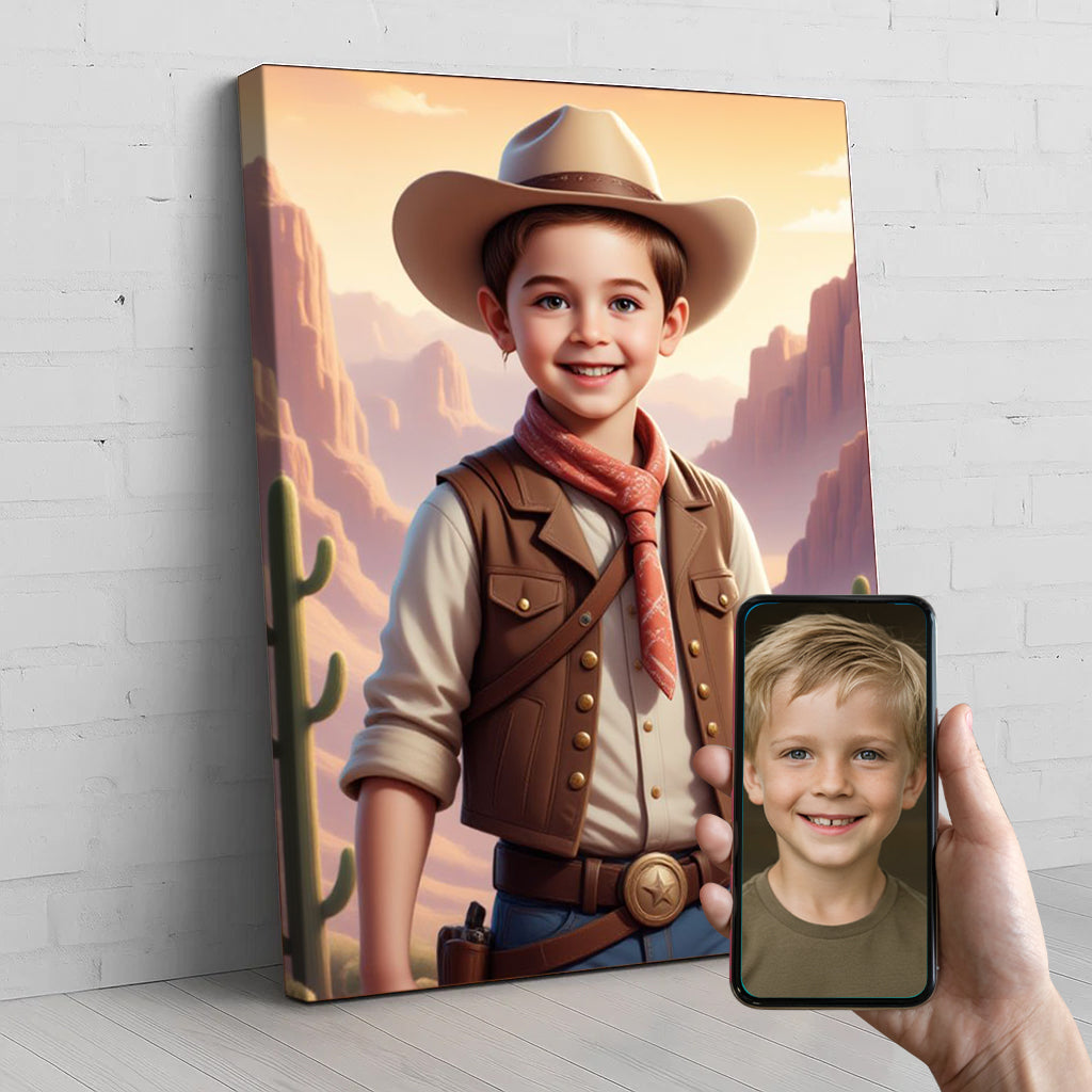 Cowboy Kid Custom Portrait - Personalized Canvas Wall Art for Kids