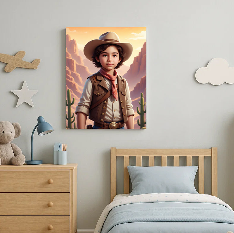 Cowboy Kid Custom Portrait - Personalized Canvas Wall Art for Kids