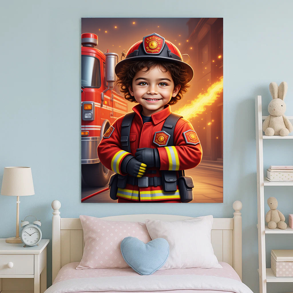 Brave Firefighter Custom Portrait - Personalized Canvas Wall Art for Kids