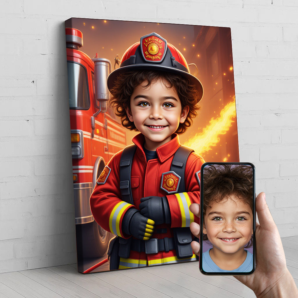 Brave Firefighter Custom Portrait - Personalized Canvas Wall Art for Kids