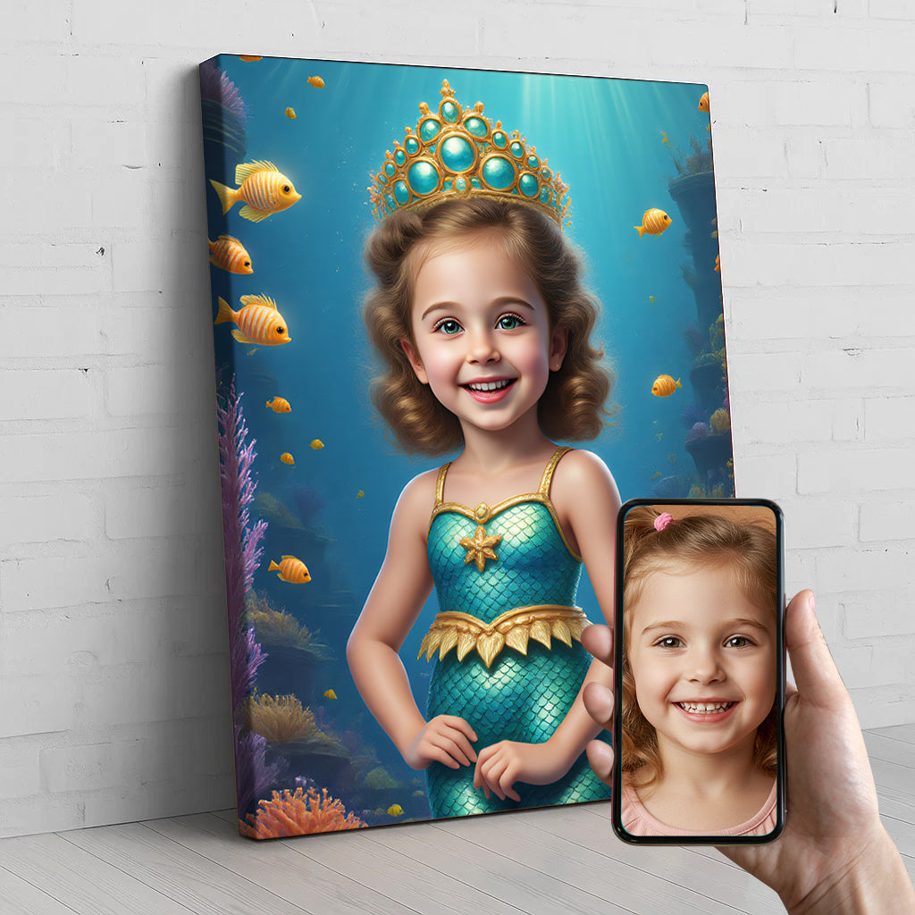Mermaid Kid Custom Portrait - Personalized Canvas Wall Art for Kids