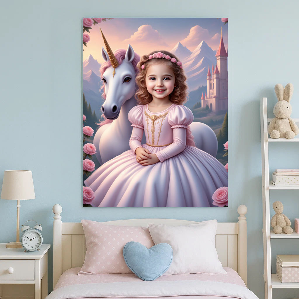 Unicorn Castle Princess Custom Portrait - Personalized Canvas Wall Art for Kids
