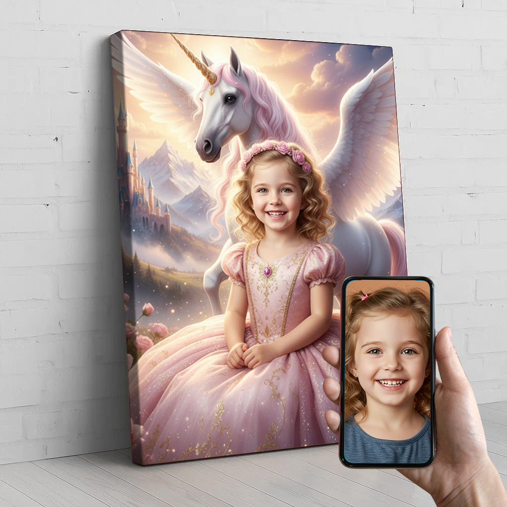 Unicorn Castle Princess Custom Portrait - Personalized Canvas Wall Art for Kids