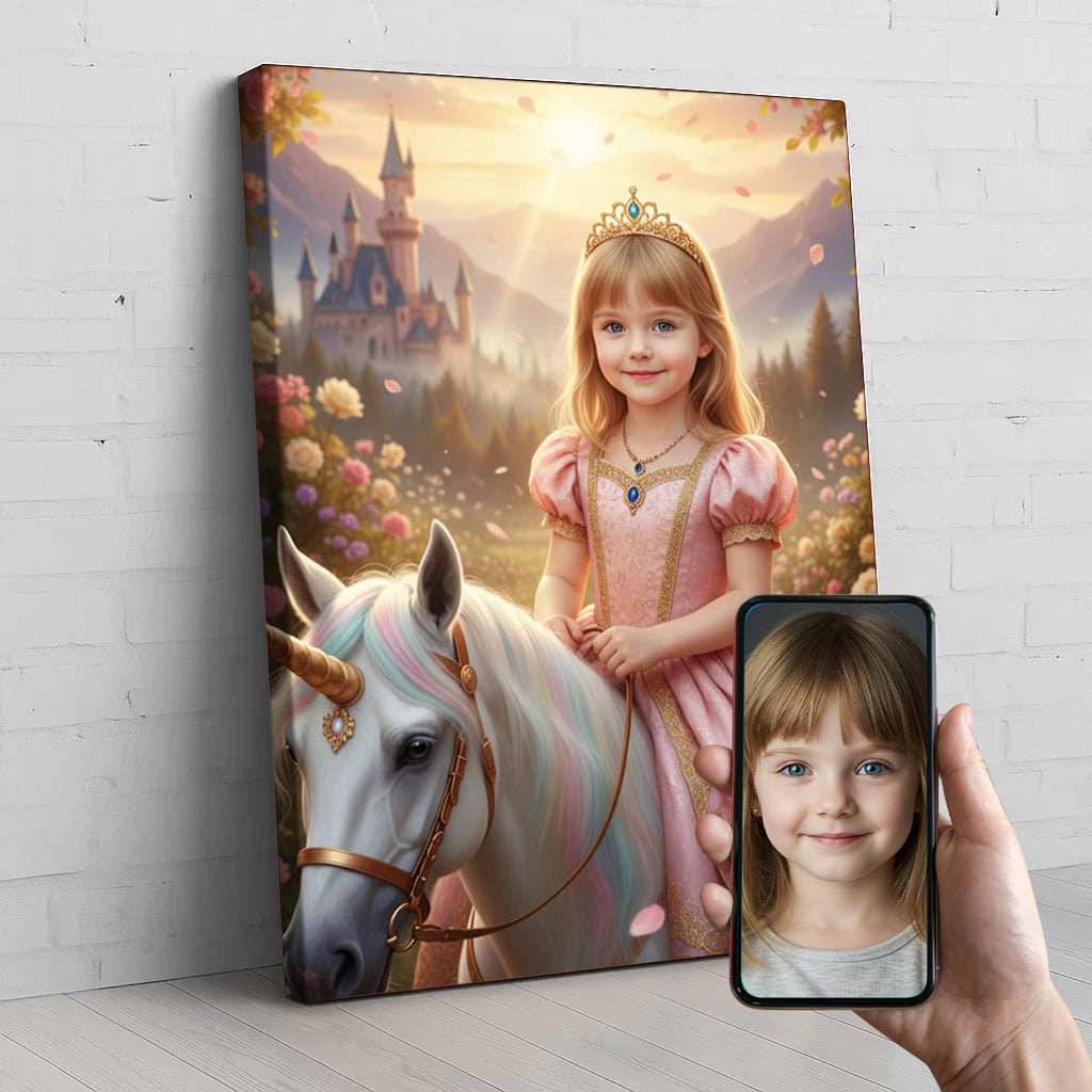 Unicorn Princess Custom Portrait - Personalized Canvas Wall Art for Kids