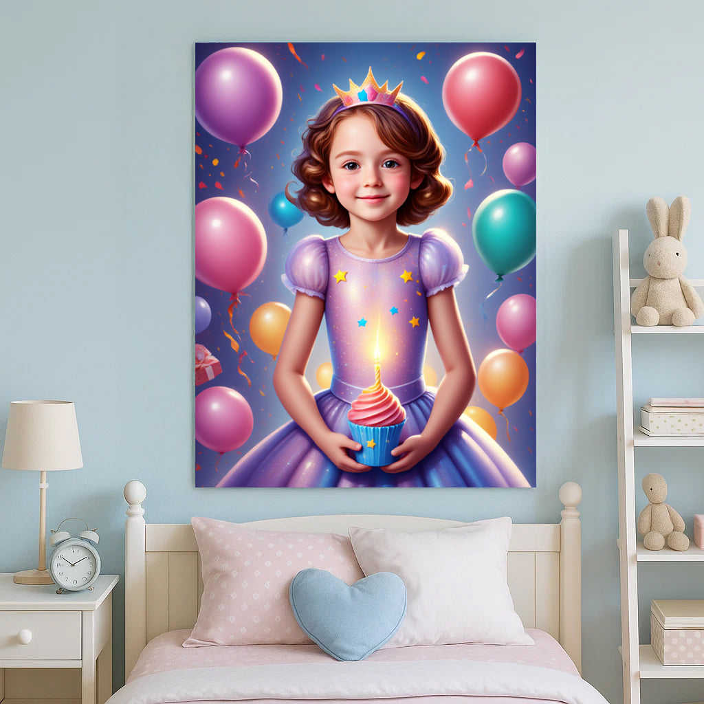 Birthday Princess Custom Portrait - Personalized Canvas Wall Art for Kids