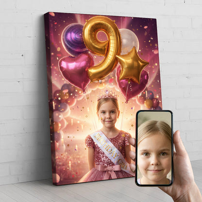 Birthday Queen Custom Portrait - Personalized Canvas Wall Art for Kids