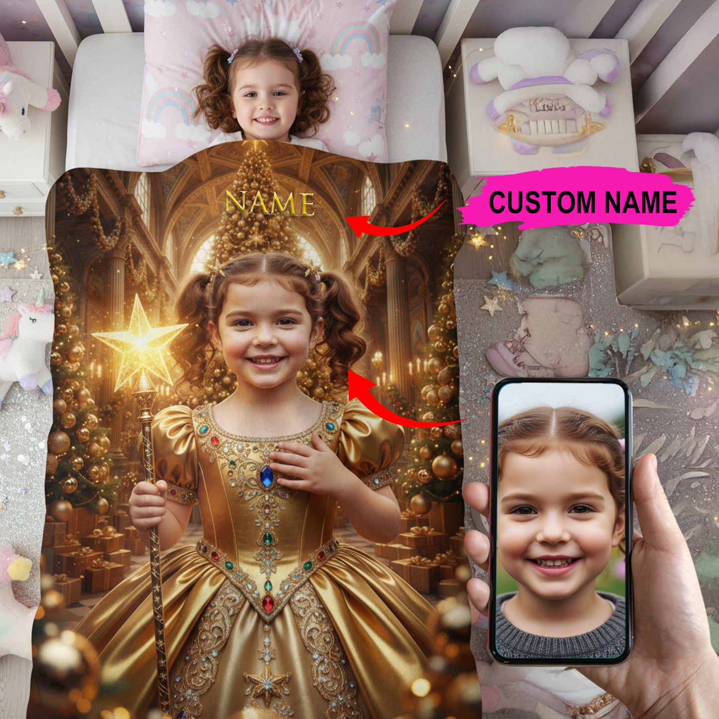 Gold Christmas Custom Photo + Name Blanket For Kid