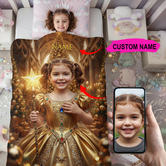 Gold Christmas Custom Photo + Name Blanket For Kid