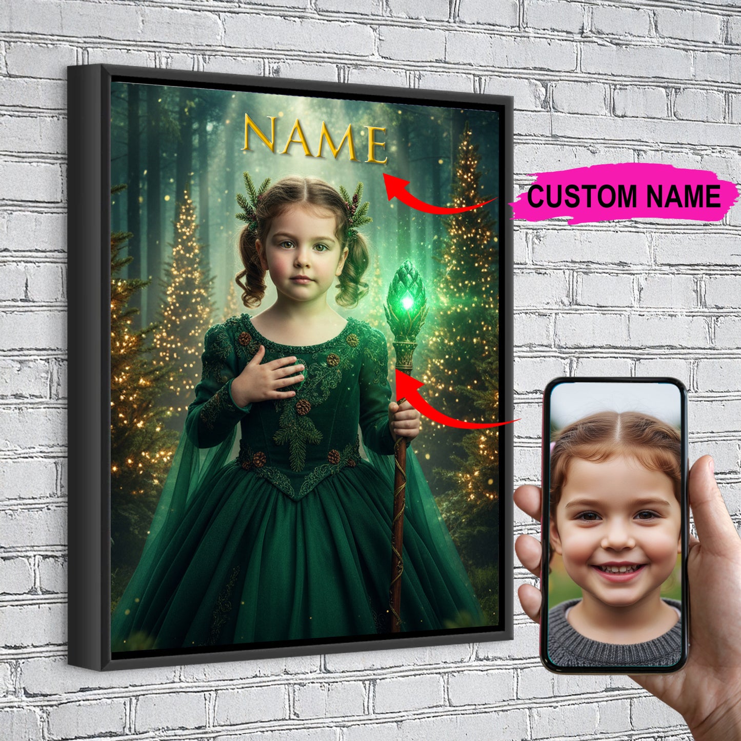 Green Christmas Custom Portrait - Personalized Canvas Wall Art for Kids