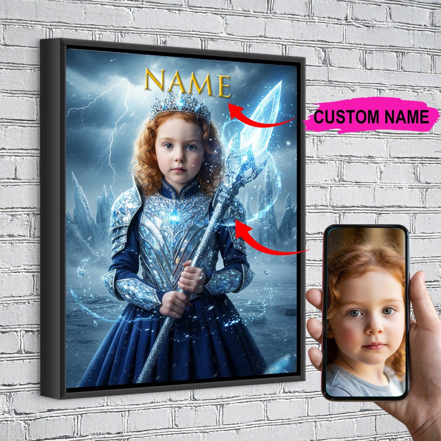 Ice Princess Warrior Custom Portrait - Personalized Canvas Wall Art for Kids