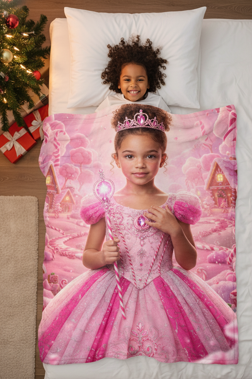 Pink Christmas Custom Photo + Name Blanket For Kid