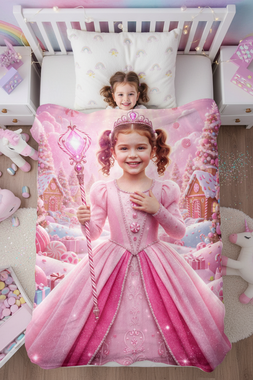 Pink Christmas Custom Photo + Name Blanket For Kid
