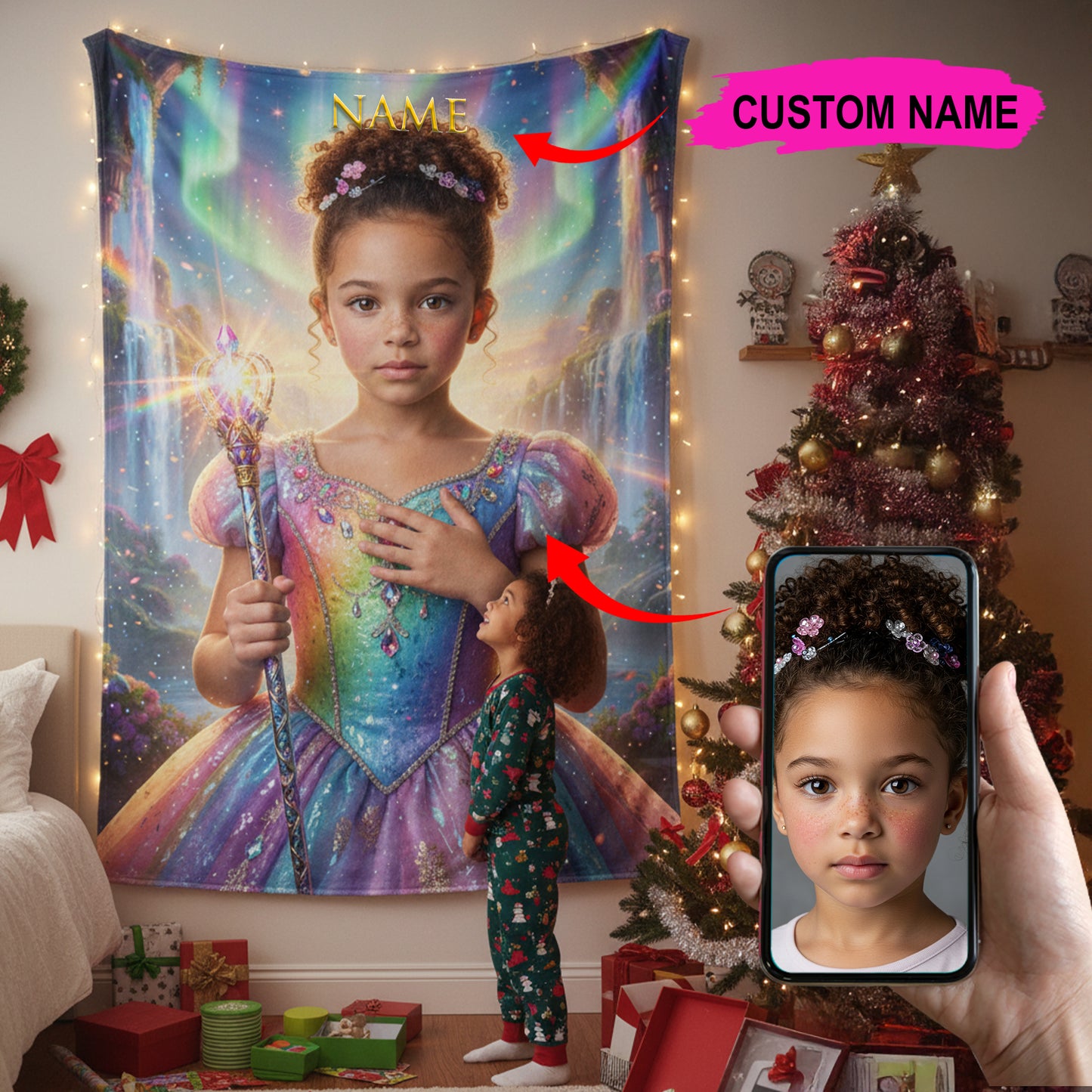 Rainbow Princess Custom Photo + Name Blanket For Kid