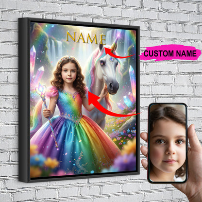 Rainbow Unicorn Princess Custom Portrait - Personalized Canvas Wall Art for Kids