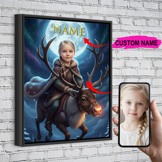 Reindeer Rider Custom Portrait - Personalized Canvas Wall Art for Kids