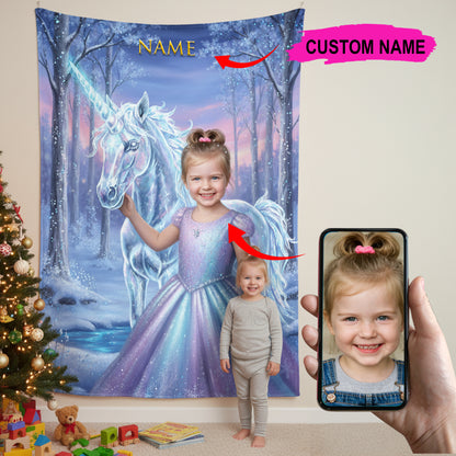 Unicorn Ice Princess Custom Photo + Name Blanket For Kid