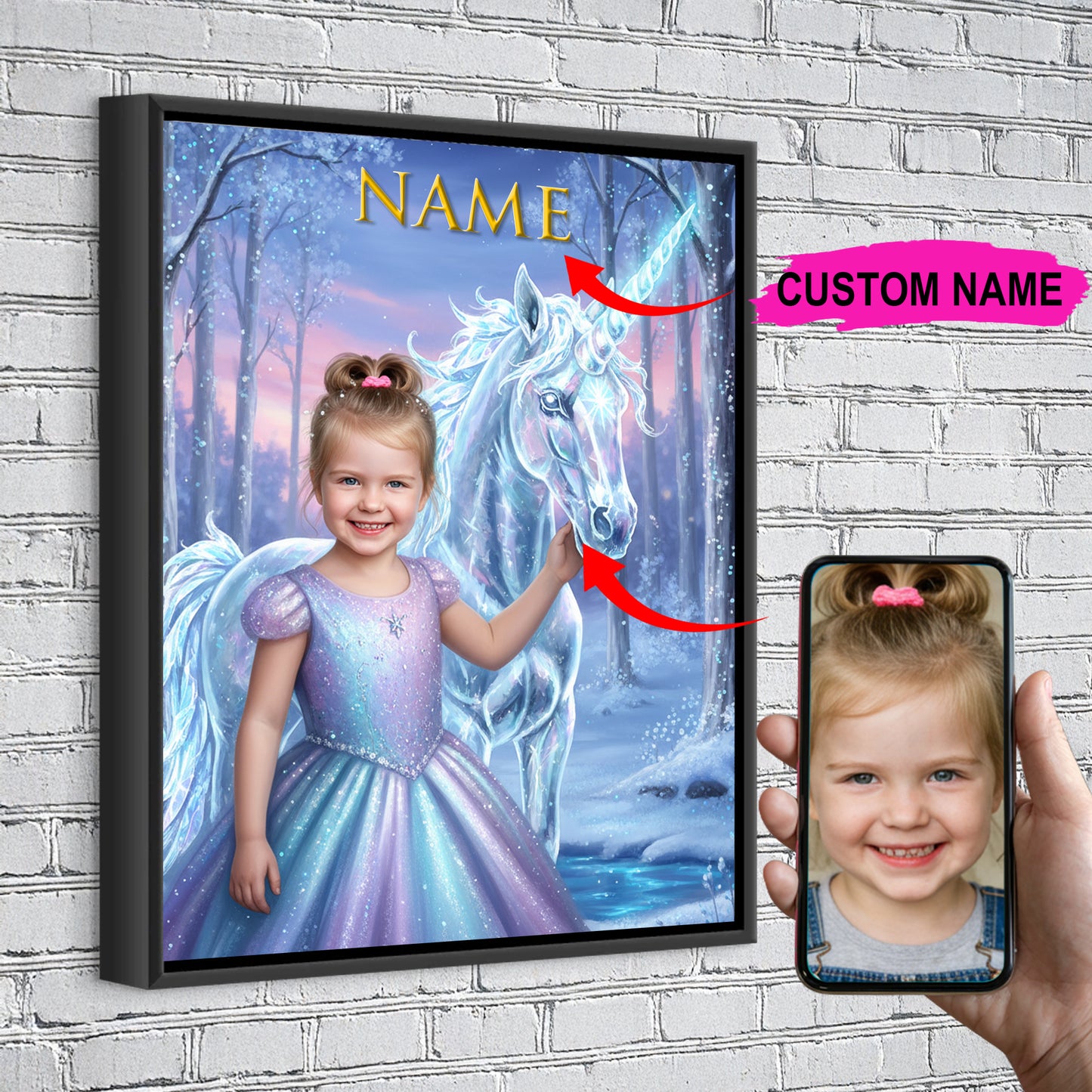 Unicorn Ice Princess Custom Portrait - Personalized Canvas Wall Art for Kids