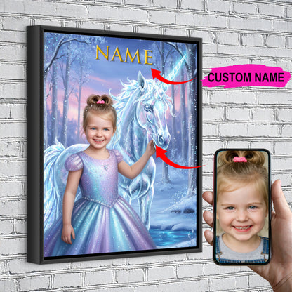 Unicorn Ice Princess Custom Portrait - Personalized Canvas Wall Art for Kids