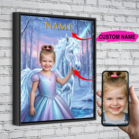 Unicorn Ice Princess Custom Portrait - Personalized Canvas Wall Art for Kids