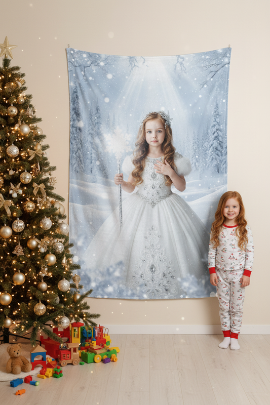 White Christmas Custom Photo + Name Blanket For Kid